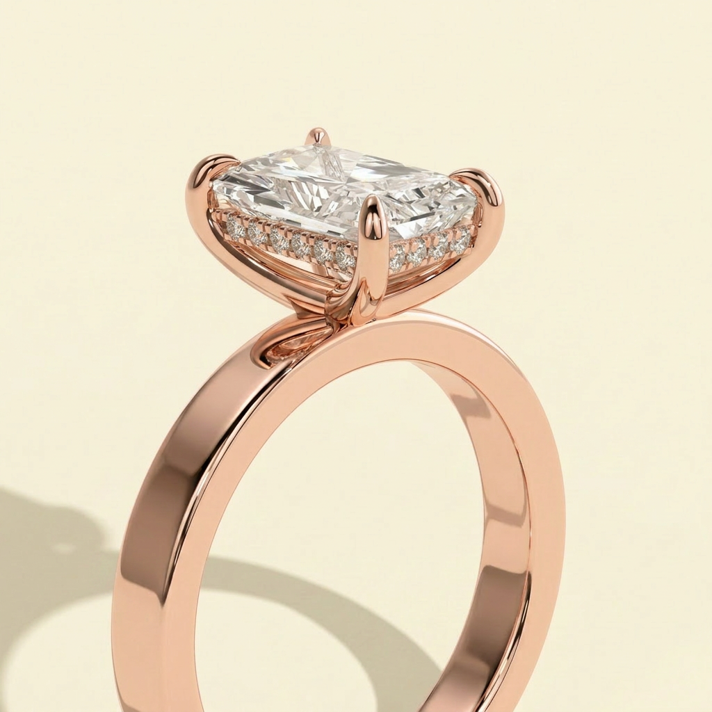 The Neria - Radiant Cut Lab Diamond Ring with Cigar Band and Hidden Halo