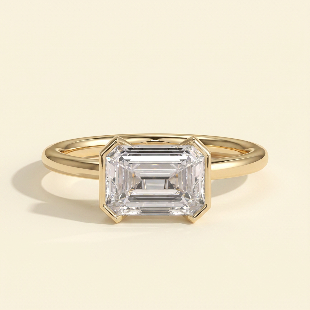The Mara - Emerald Cut Lab Grown Diamond East West Half Bezel Solitaire Engagement Ring