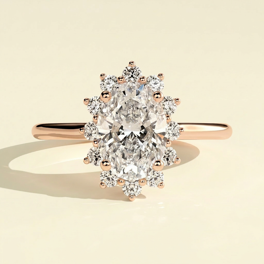 The Keila - Oval Cut Lab Grown Diamond Solitaire with Sunburst Halo Ring - Rose Gold