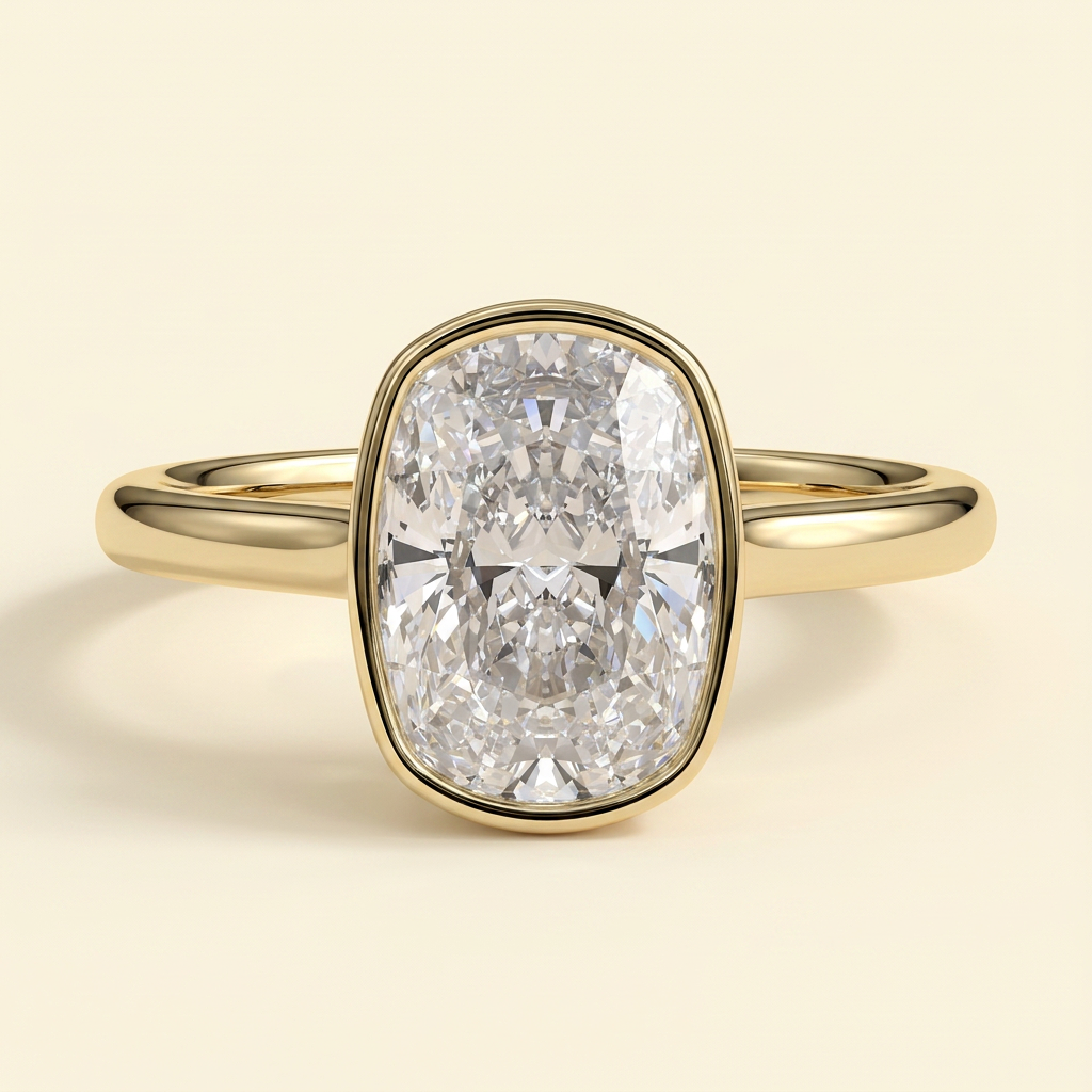 The Bella - Elongated Cushion Cut Lab Grown Diamond Solitaire Ring with Bezel Hidden Halo