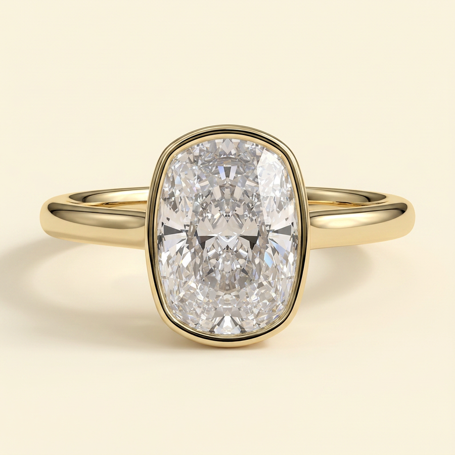 The Bella - Elongated Cushion Cut Lab Grown Diamond Solitaire Ring with Bezel Hidden Halo - Yellow Gold