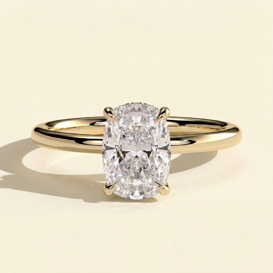 The Neve - Elongated Cushion Cut Lab Grown Diamond Solitaire with Wrap Around Hidden Halo Engagement Ring - Yellow Gold