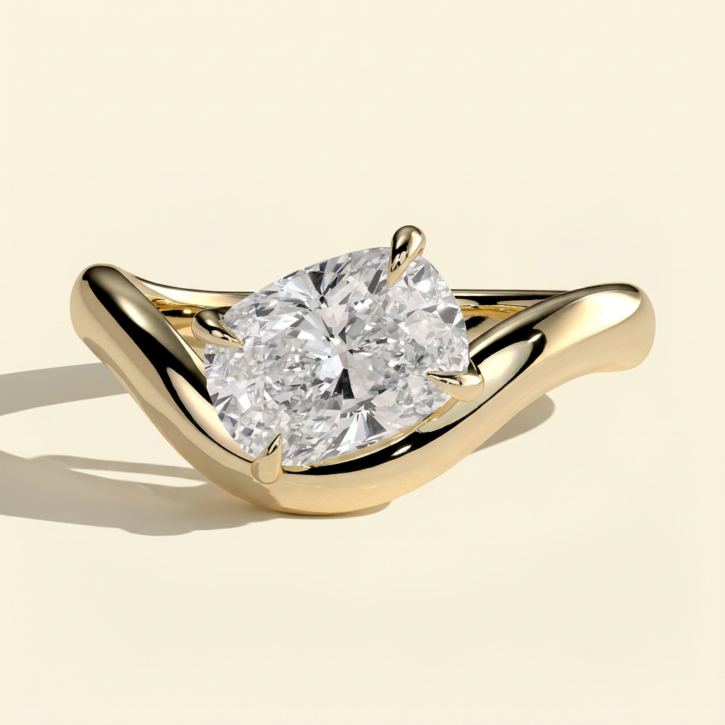 The Aelora - Elongated Cushion Cut Lab Grown Diamond East West Solitaire with Wave Band Engagement Ring