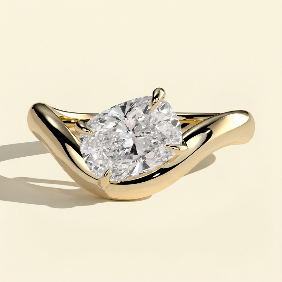 The Aelora - Elongated Cushion Cut Lab Grown Diamond East West Solitaire with Wave Band Engagement Ring - Yellow Gold