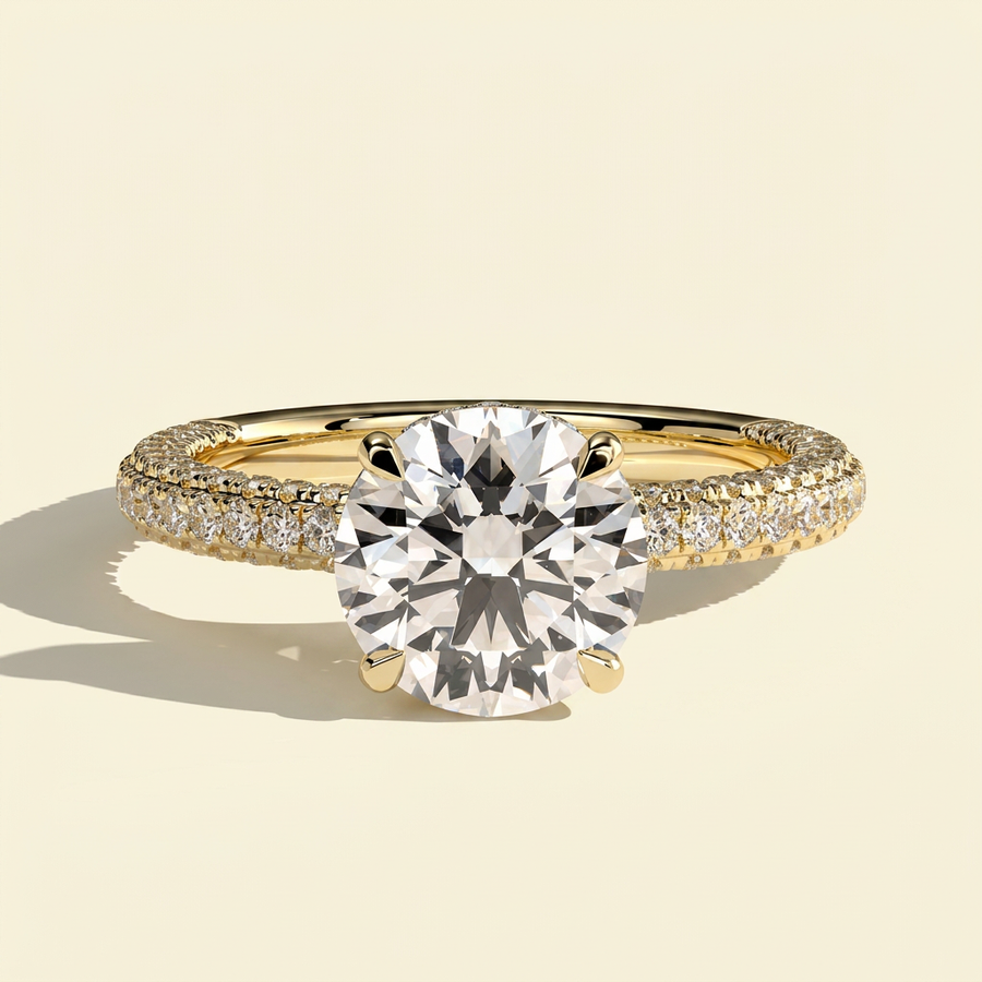 The Aster - Round Lab Grown Diamond Engagement Ring with Triple Pave Band - Yellow Gold
