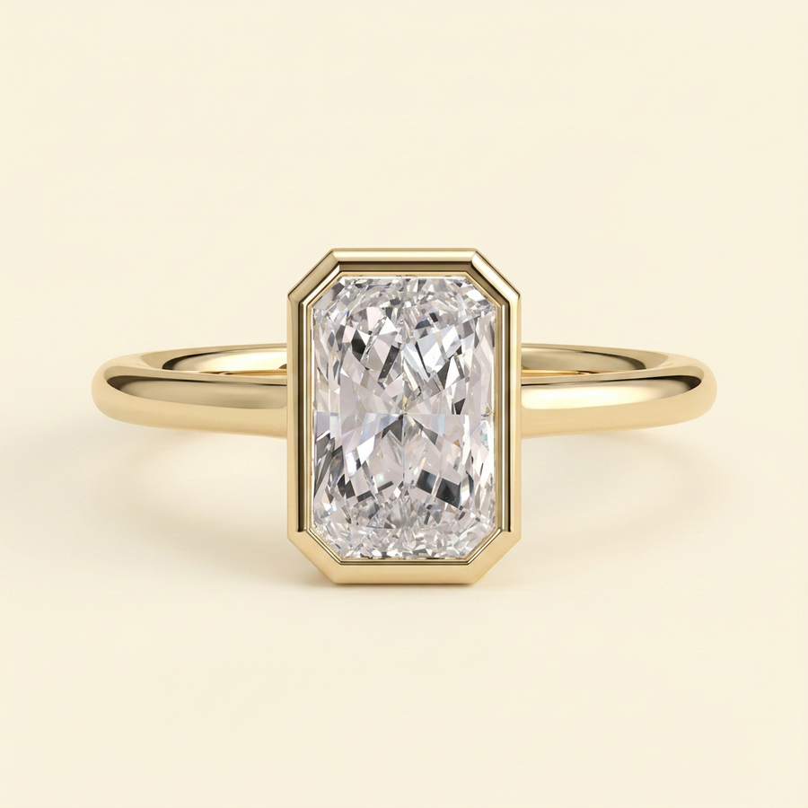 The Kalina - Radiant Cut Lab Grown Diamond Bezel Set Solitaire with Open Cathedral Setting Engagement Ring - Yellow Gold
