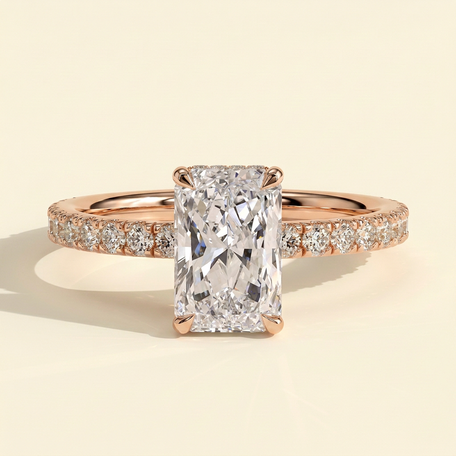 The Elenia - Radiant Cut Lab Grown Diamond Four Claw Solitaire with Hidden Halo and Pave Band Engagement Ring - Rose Gold