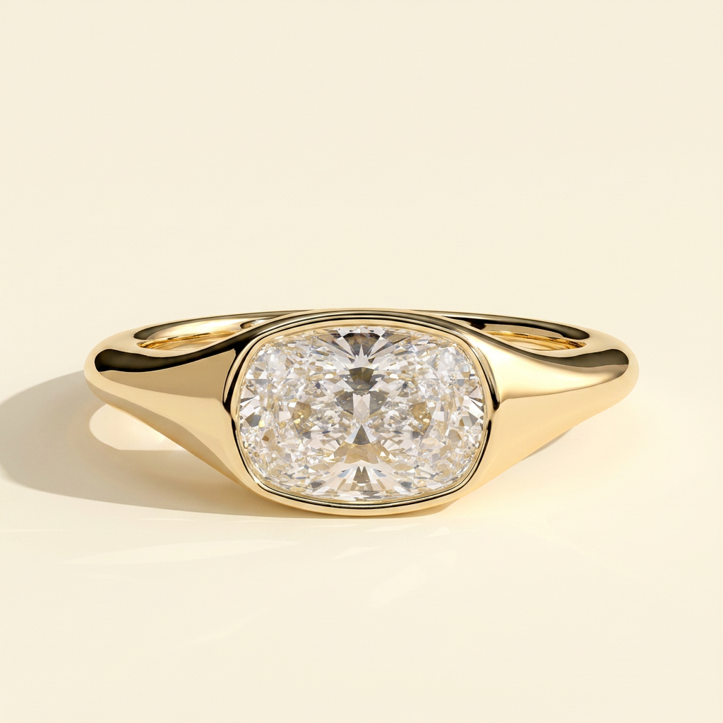 The Xara - Elongated Cushion Cut Lab Grown Diamond East West Bezel Set Solitaire with Signet Band Engagement Ring