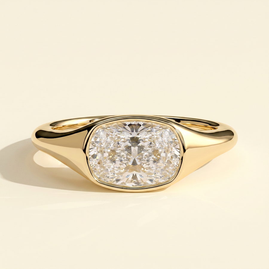 The Xara - Elongated Cushion Cut Lab Grown Diamond East West Bezel Set Solitaire with Signet Band Engagement Ring - Yellow Gold