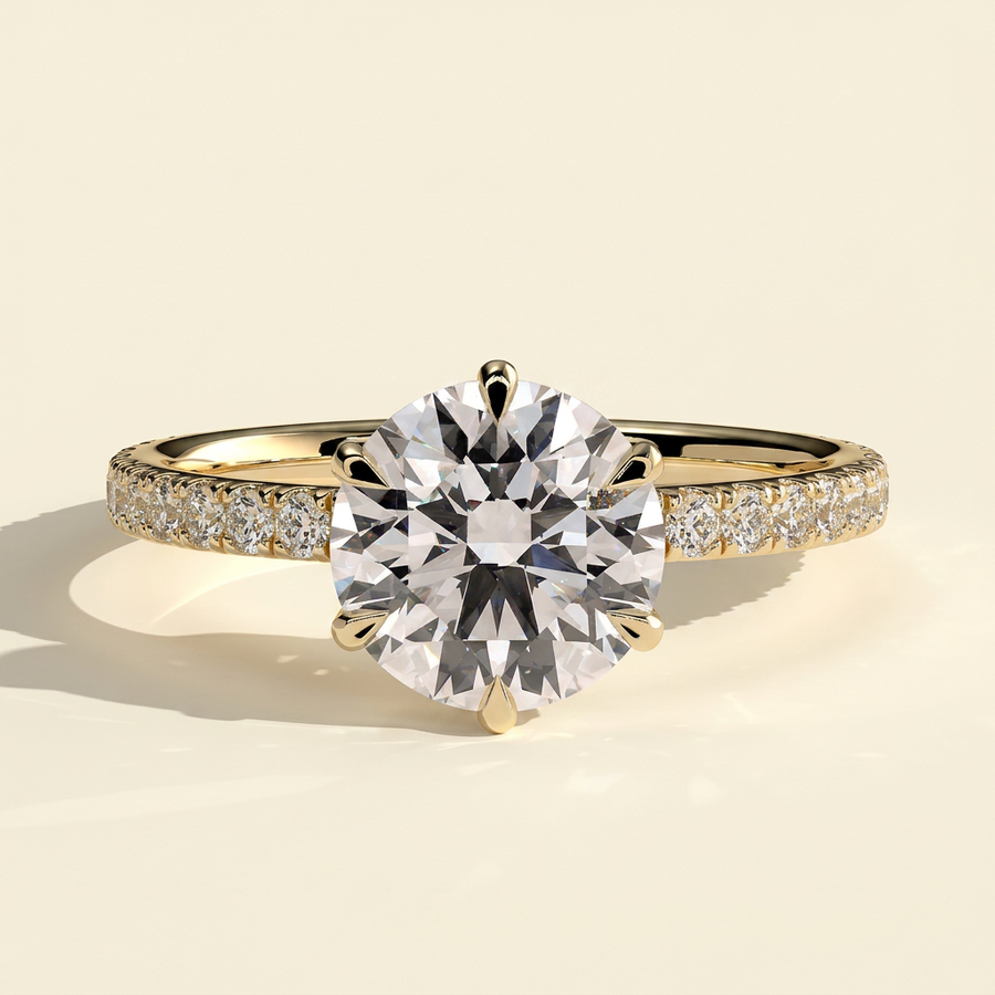 The Jolie - Round Cut Lab Grown Diamond Six Claw Solitaire with Crown Gallery and Pave Band Engagement Ring - Yellow Gold