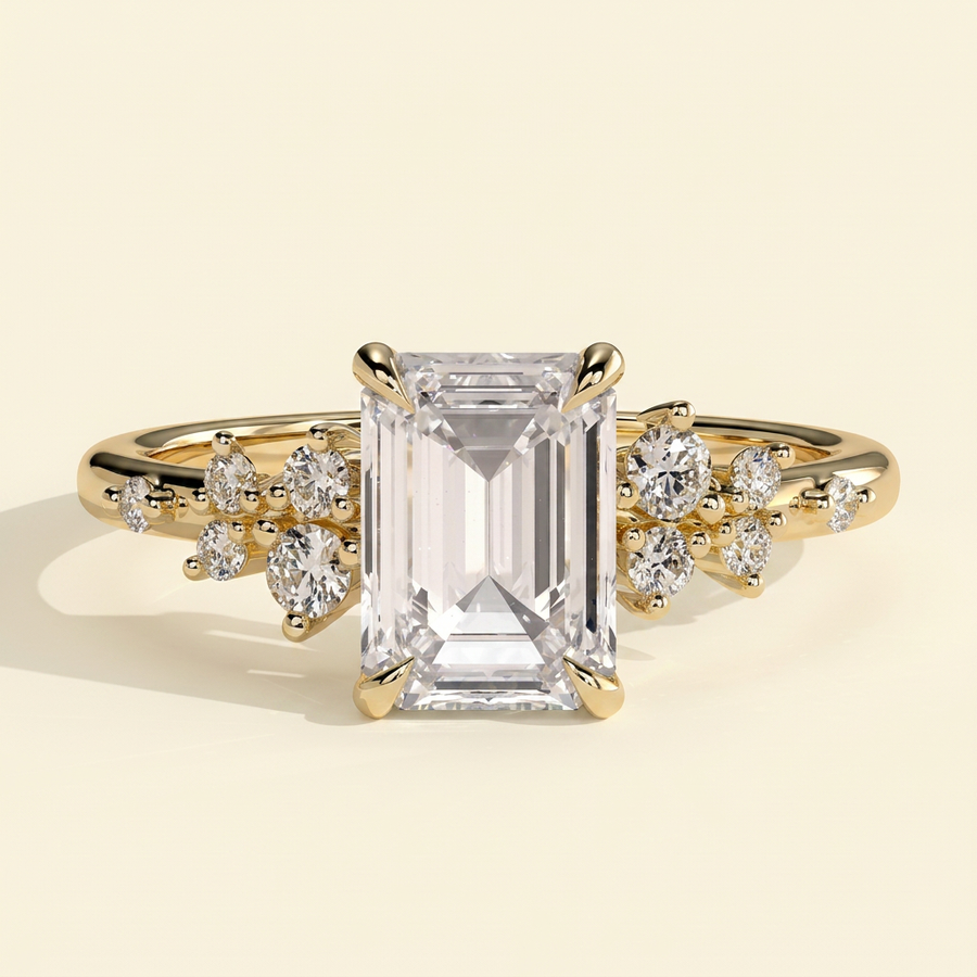 The Jemma - Emerald Cut Lab Grown Diamond Four Claw Solitaire with Clustered Round Shoulder Stones Engagement Ring - Yellow Gold