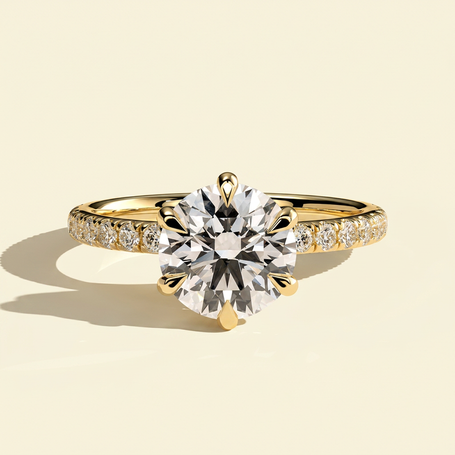 The Jaia - Six Claw Round Lab Grown Diamond Engagement Ring with Pave Band - Yellow Gold