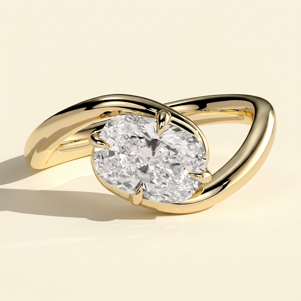 The Fleura - Elongated Cushion Cut Lab Grown Diamond East West Solitaire with Twisting Bypass Band Engagement Ring