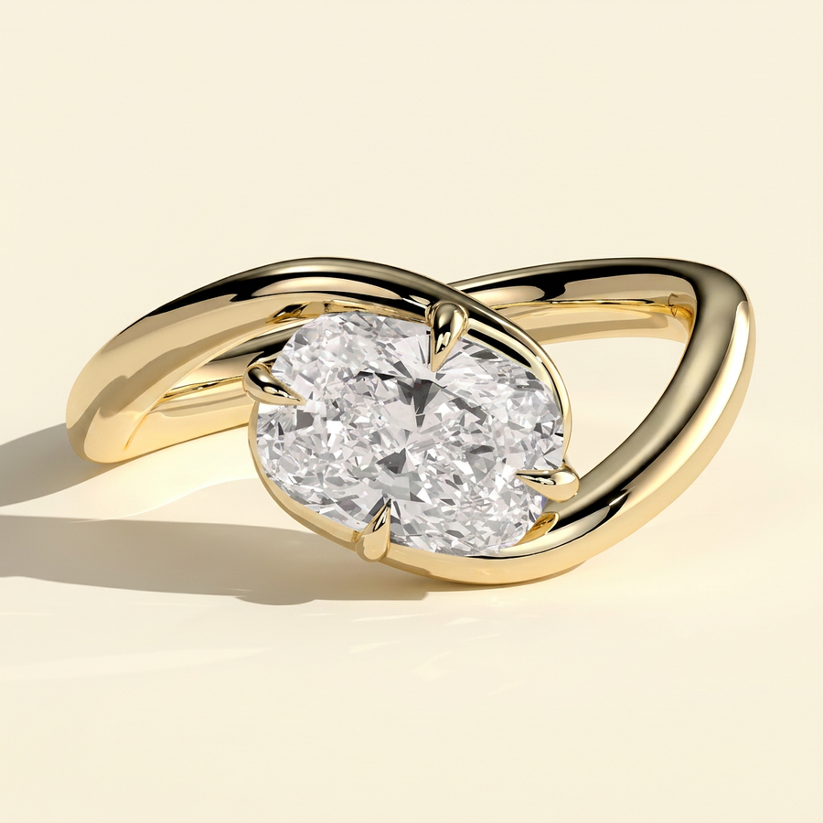 The Fleura - Elongated Cushion Cut Lab Grown Diamond East West Solitaire with Twisting Bypass Band Engagement Ring - Yellow Gold