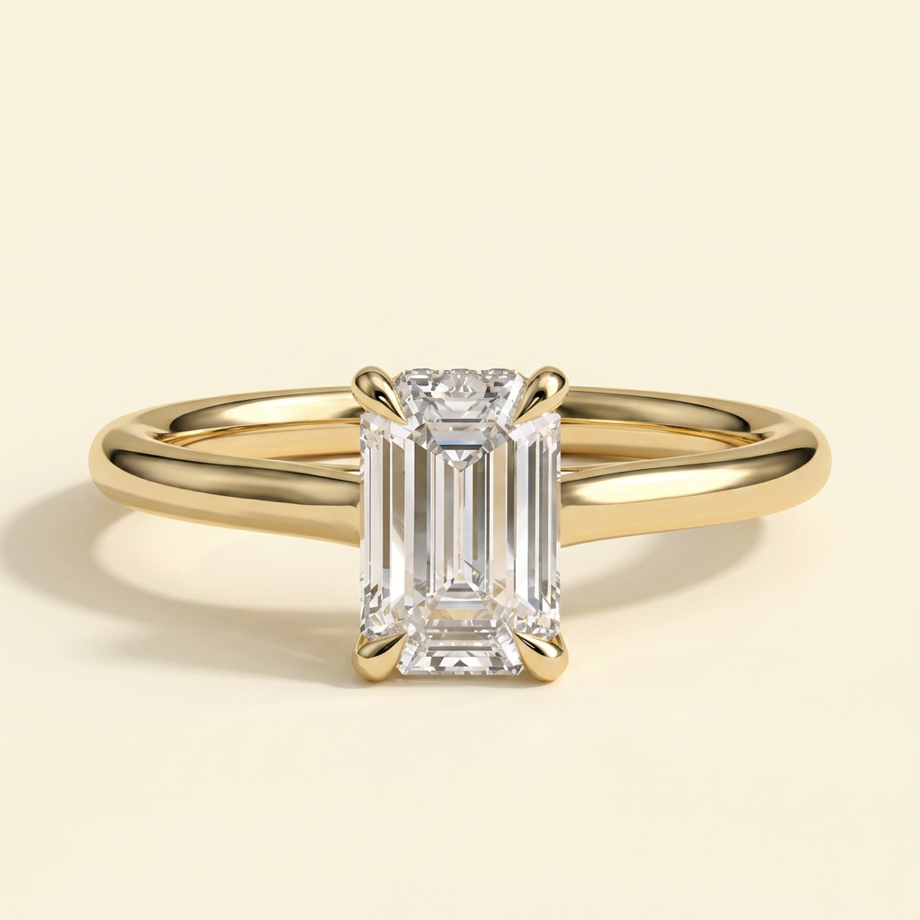 The Giova - Emerald Cut Lab Grown Diamond Four Claw Solitaire with Hidden Halo Engagement Ring