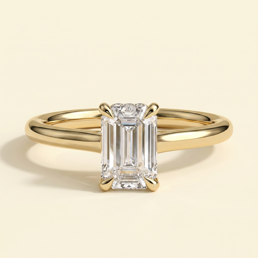 The Giova - Emerald Cut Lab Grown Diamond Four Claw Solitaire with Hidden Halo Engagement Ring - Yellow Gold