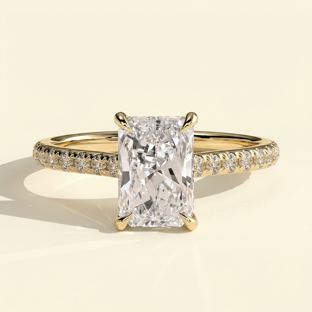 The Della - Radiant Cut Lab Grown Diamond Cathedral Solitaire with Hidden Halo and Pave Band Engagement Ring