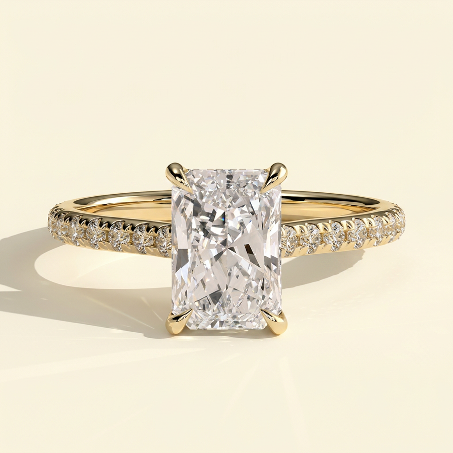 The Della - Radiant Cut Lab Grown Diamond Cathedral Solitaire with Hidden Halo and Pave Band Engagement Ring - Yellow Gold