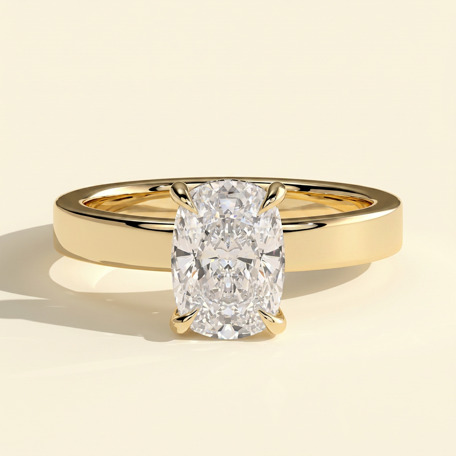 The Maris - Elongated Cushion Cut Lab Grown Diamond Hidden Halo Solitaire with Flat Cigar Band Engagement Ring - Yellow Gold