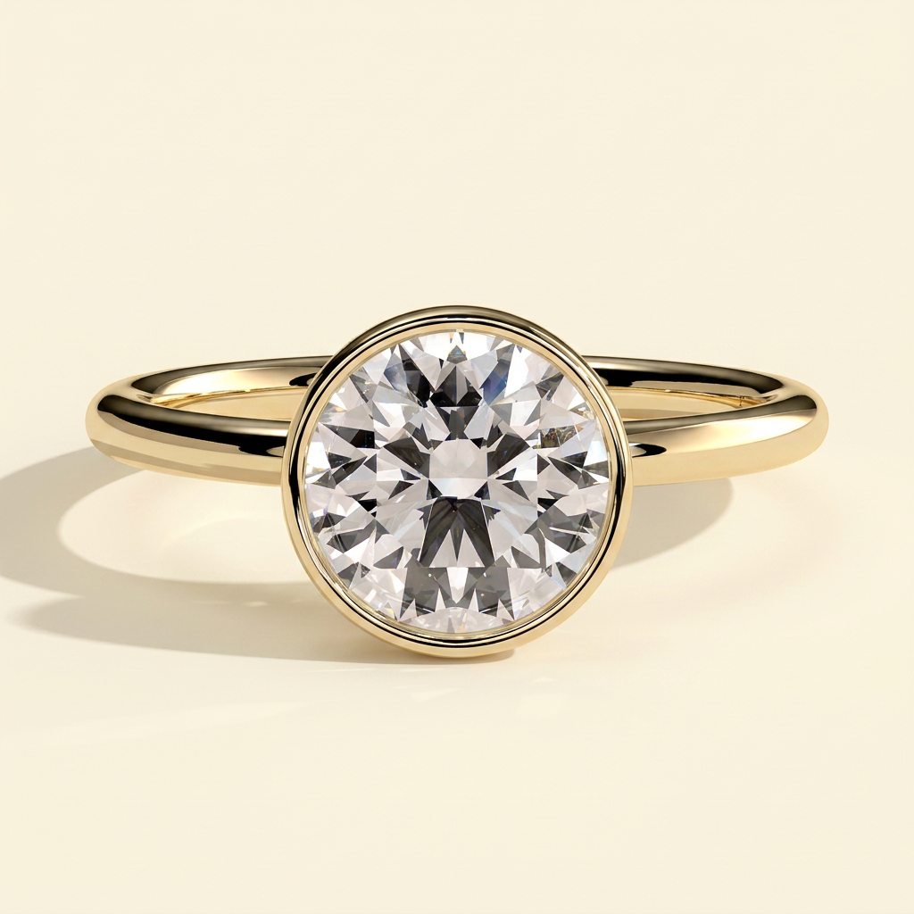 The Nayla - Round Cut Lab Grown Diamond Bezel Set Solitaire with Petal Gallery Engagement Ring