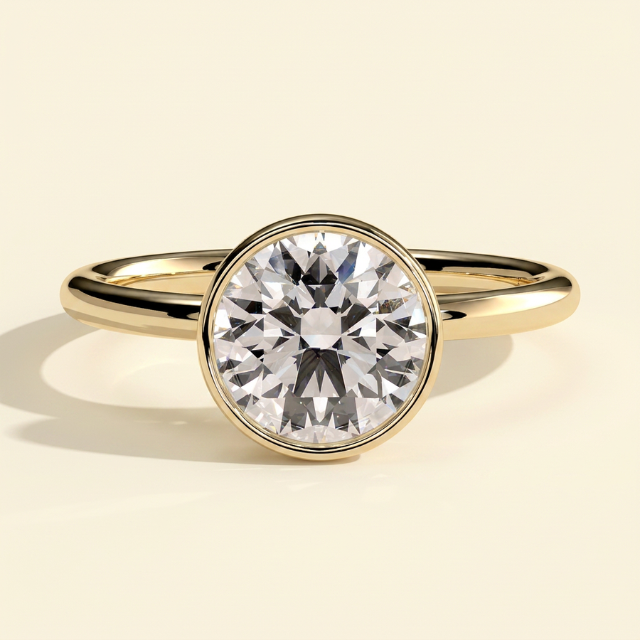 The Nayla - Round Cut Lab Grown Diamond Bezel Set Solitaire with Petal Gallery Engagement Ring - Yellow Gold