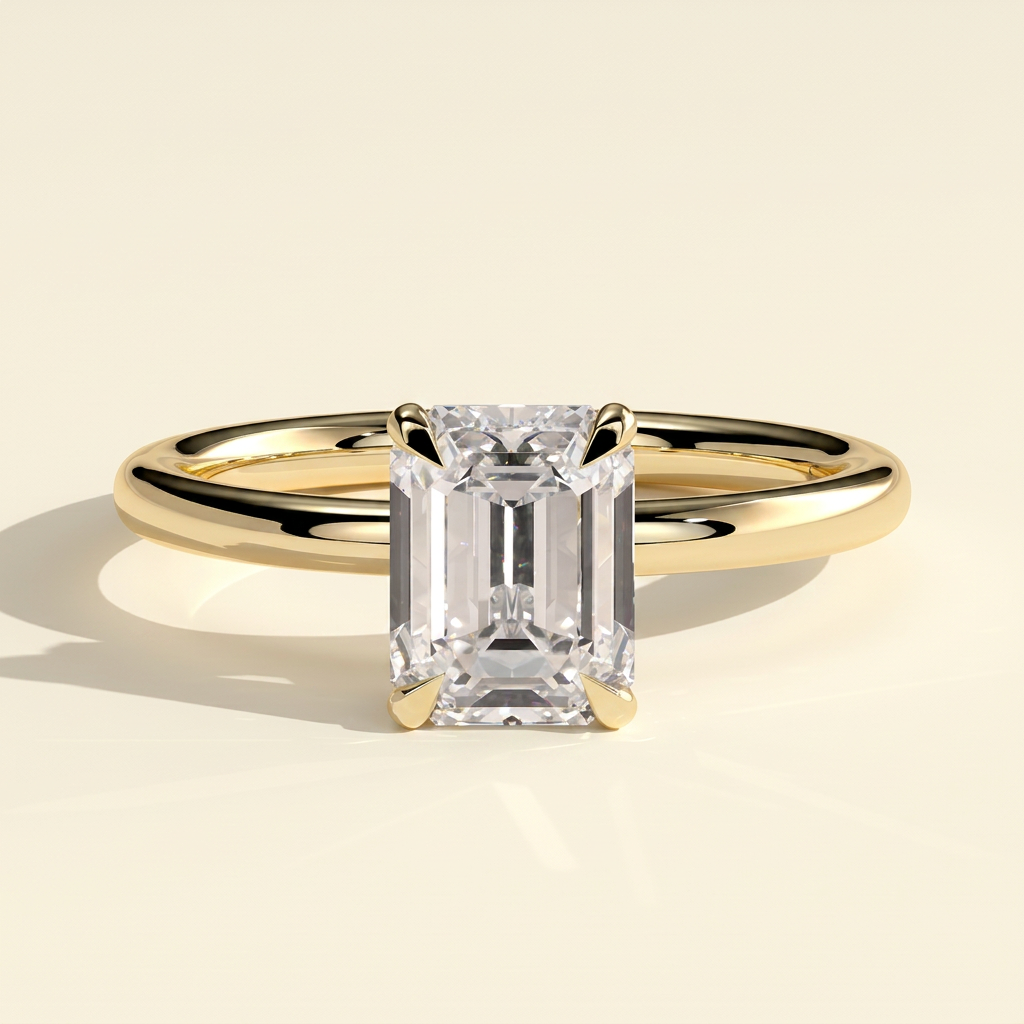 The Izara - Emerald Cut Lab Grown Diamond Four Claw Solitaire with Wrap Around Hidden Halo Engagement Ring