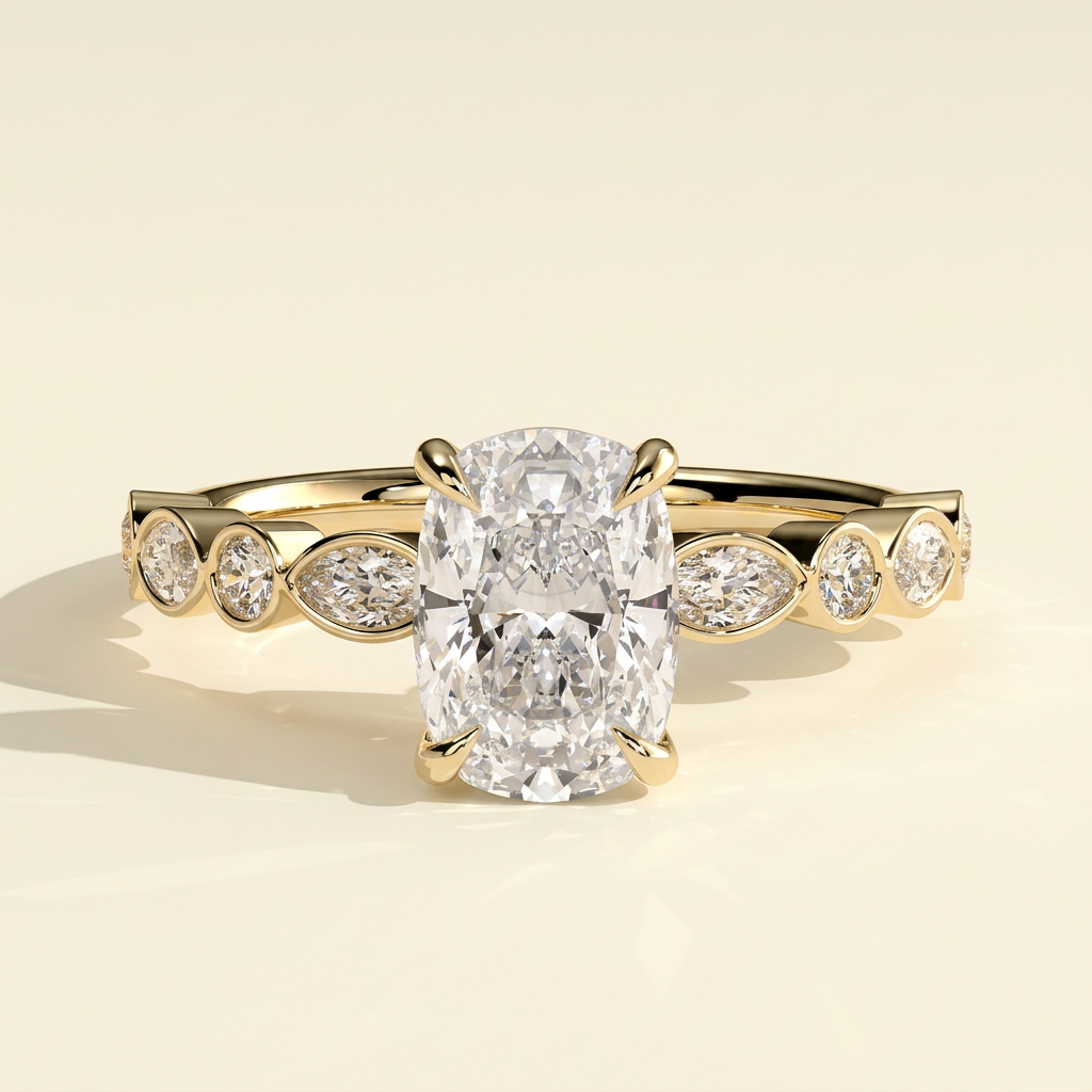 The Lucia - Elongated Cushion Lab Diamond Solitaire with Round-Marquise Bezel Accent Stones Ring