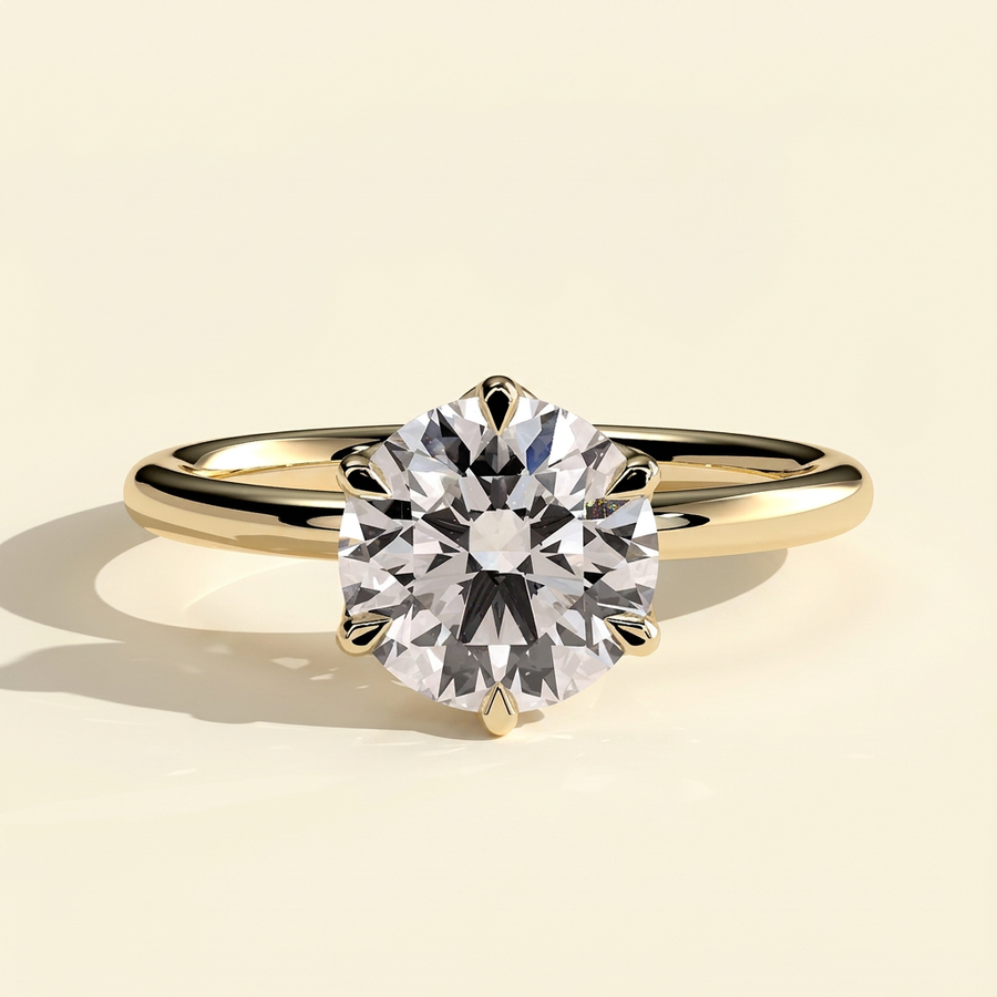 The Vestra - Round Cut Lab Grown Diamond Six Claw Petal Gallery Solitaire Engagement Ring - Yellow Gold