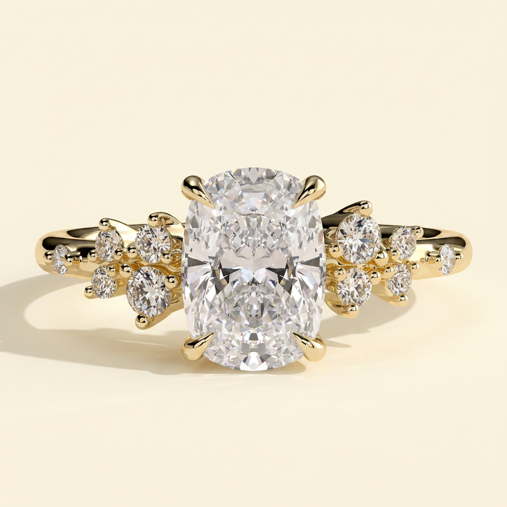 The Oriana - Elongated Cushion Cut Lab Grown Diamond Solitaire with Clustered Round Shoulder Stones Engagement Ring