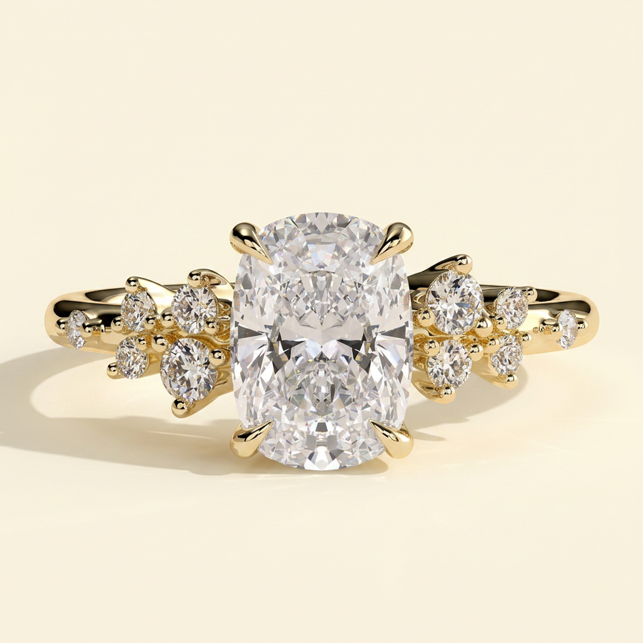 The Oriana - Elongated Cushion Cut Lab Grown Diamond Solitaire with Clustered Round Shoulder Stones Engagement Ring - Yellow Gold