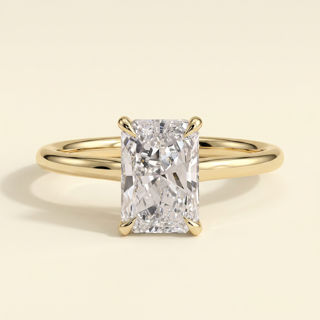 The Izar - Radiant Cut Lab Grown Diamond Four Claw Solitaire with Hidden Halo and Cathedral High Setting Engagement Ring