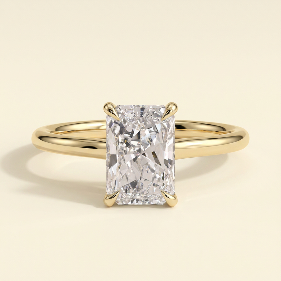The Izar - Radiant Cut Lab Grown Diamond Four Claw Solitaire with Hidden Halo and Cathedral High Setting Engagement Ring - Yellow Gold