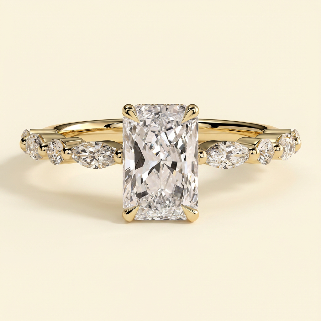 The Hana - Radiant Cut Lab Grown Diamond Hidden Halo Solitaire with Alternating Round and Marquise Accent Band Engagement Ring