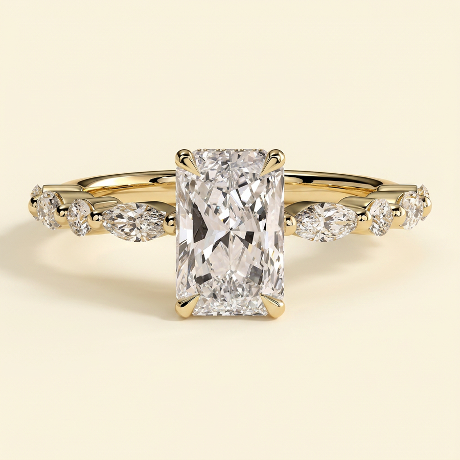 The Hana - Radiant Cut Lab Grown Diamond Hidden Halo Solitaire with Alternating Round and Marquise Accent Band Engagement Ring - Yellow Gold
