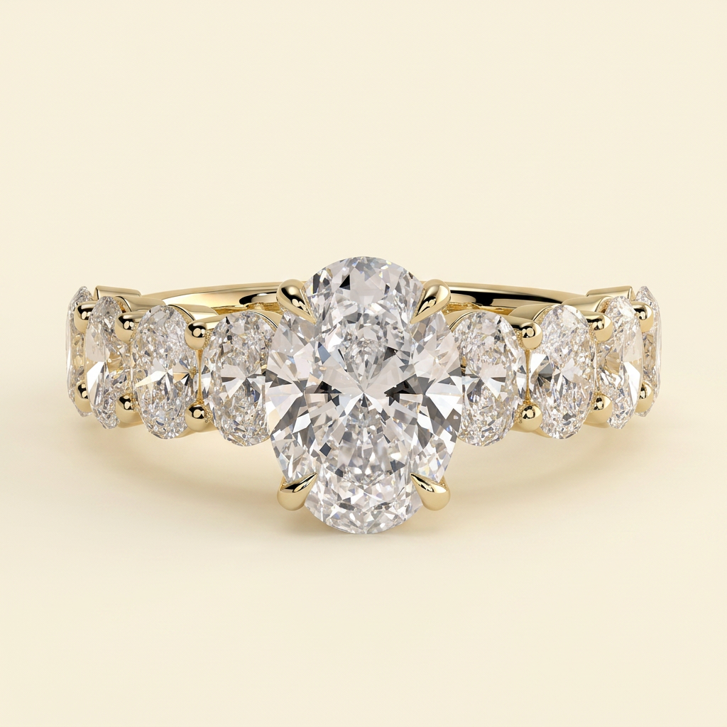 The Tesoro - Oval Cut Lab Grown Diamond Solitaire with Oval Half Eternity Band and Hidden Halo Engagement Ring