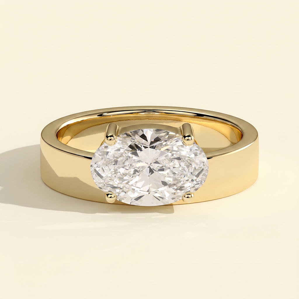 The Sella - Oval Cut Lab Grown Diamond East West Offset Solitaire with Flat Cigar Band Engagement Ring