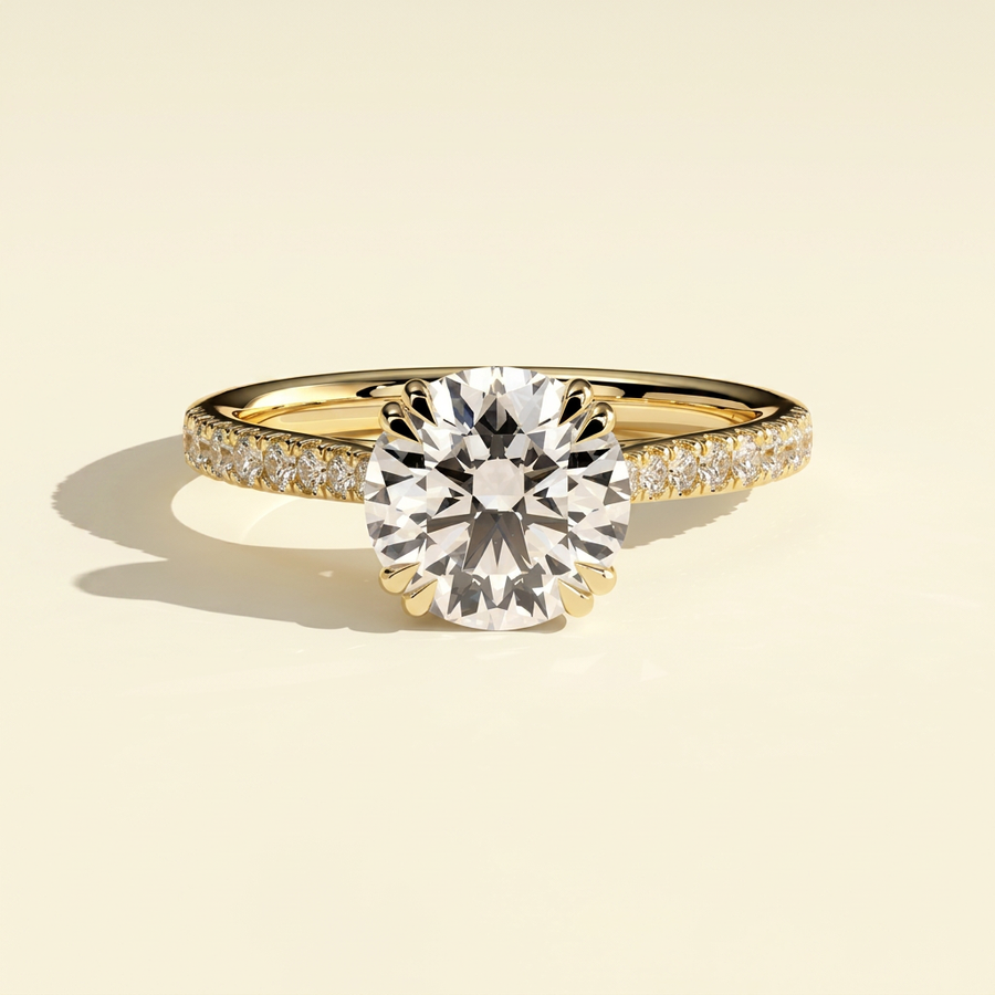The Diela - Round Cut Lab Grown Diamond Ring with Hidden Halo & Pave Band - Yellow Gold