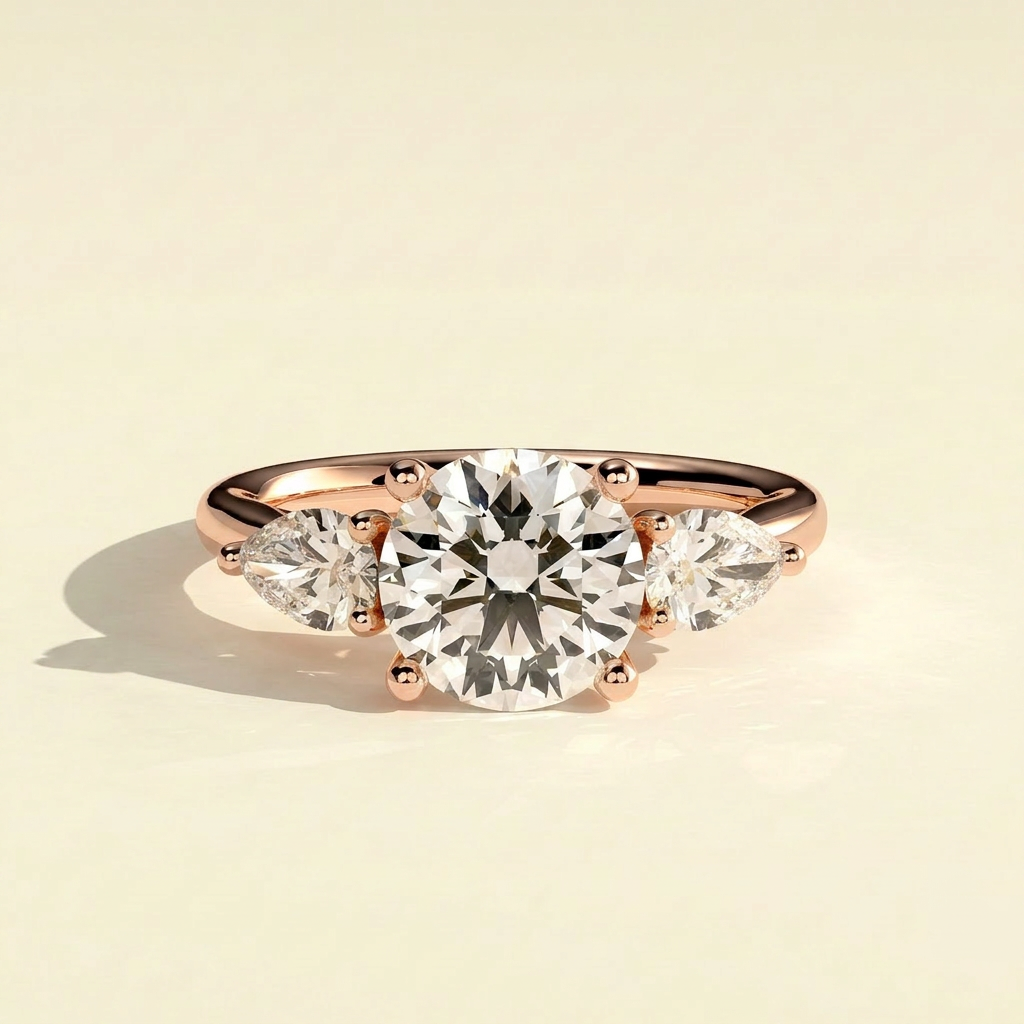 The Amara - Round Lab Grown Diamond Three Stone Ring with Pear Side Stones