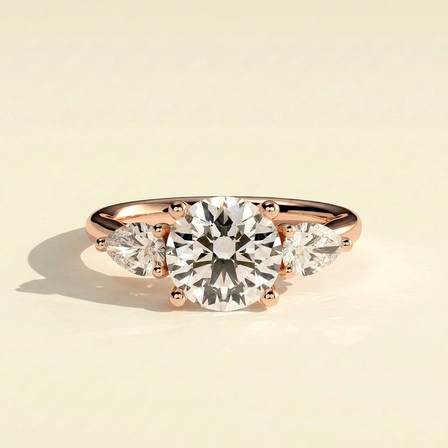 The Amara - Round Lab Grown Diamond Three Stone Ring with Pear Side Stones - Rose Gold