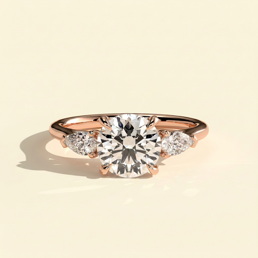 The Aurine - Round Cut Lab Grown Diamond Three Stone Ring with Pear Sides - Rose Gold