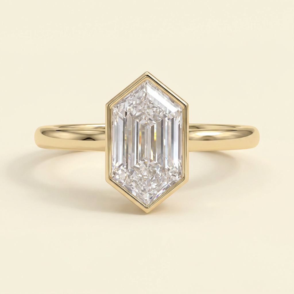 The Reina - Elongated Hexagon Cut Lab Grown Diamond Solitaire Ring with Bezel Hidden Halo