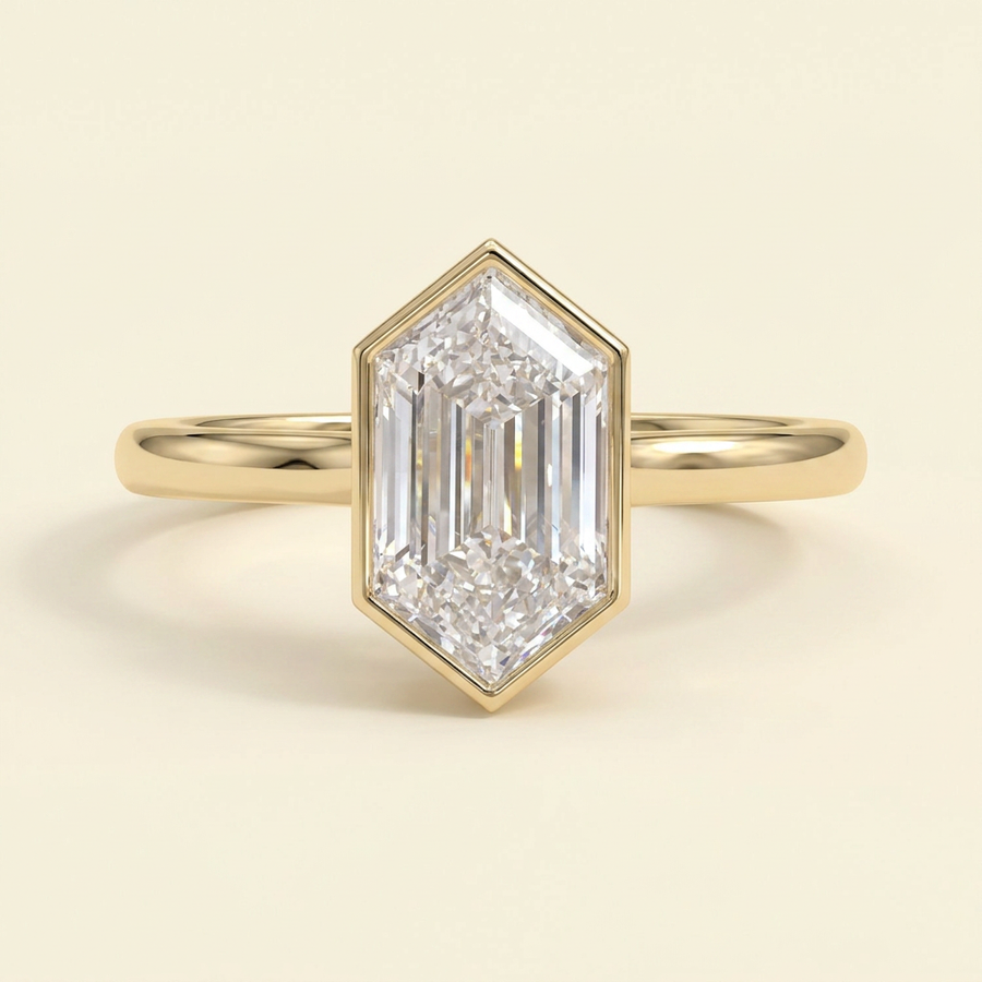 The Reina - Elongated Hexagon Cut Lab Grown Diamond Solitaire Ring with Bezel Hidden Halo - Yellow Gold