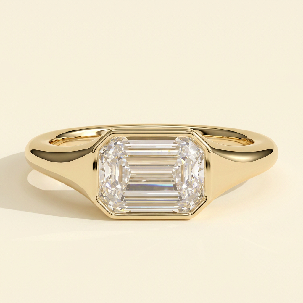 The Joia - Emerald Cut Lab Grown Diamond East West Bezel Set Solitaire with Signet Band Engagement Ring