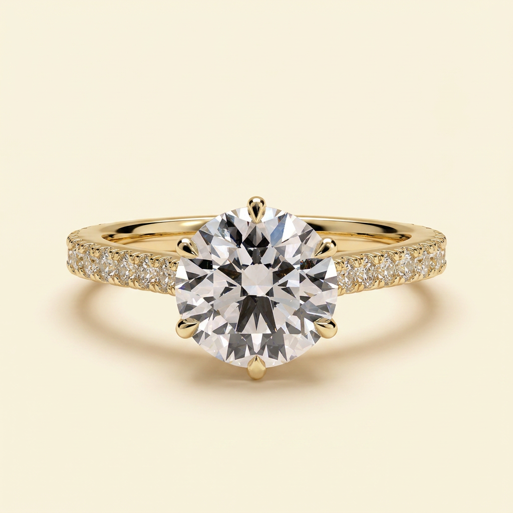 The Malia - Round Cut Lab Grown Diamond Six Claw Cathedral Solitaire with Pave Band Engagement Ring