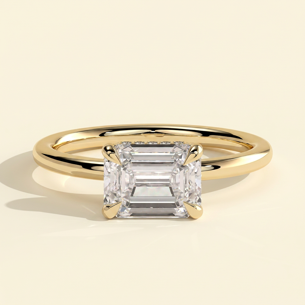 The Willa - Emerald Cut Lab Grown Diamond East West Solitaire with Hidden Halo Engagement Ring