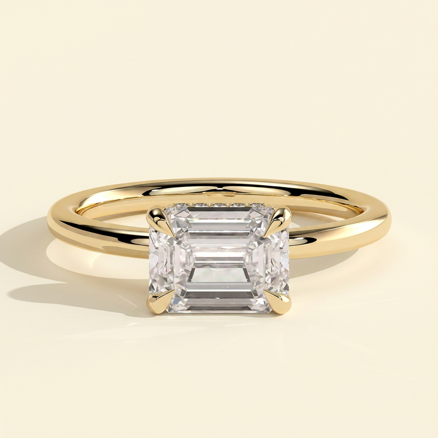 The Willa - Emerald Cut Lab Grown Diamond East West Solitaire with Hidden Halo Engagement Ring - Yellow Gold