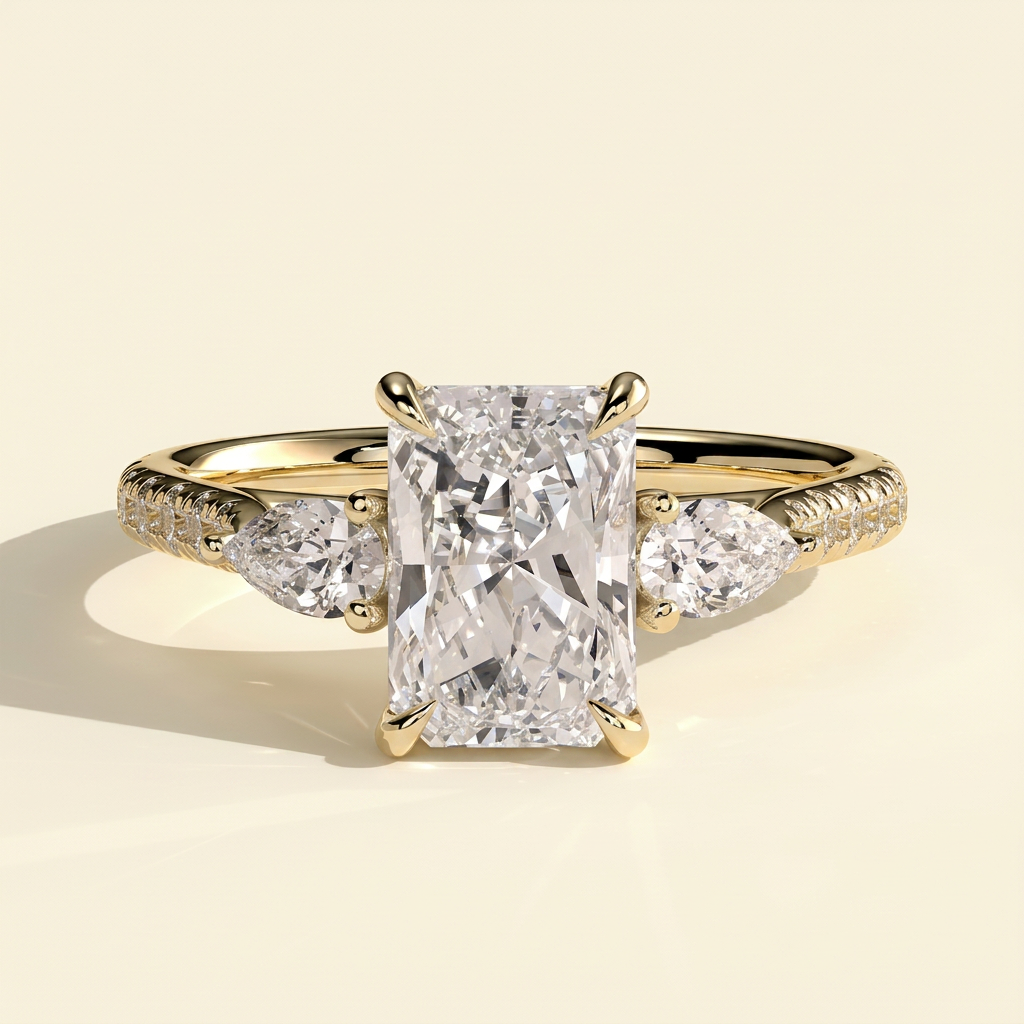 The Riviera - Radiant Cut Lab Grown Diamond Trilogy Ring with Pear Side Stones and Pave Band