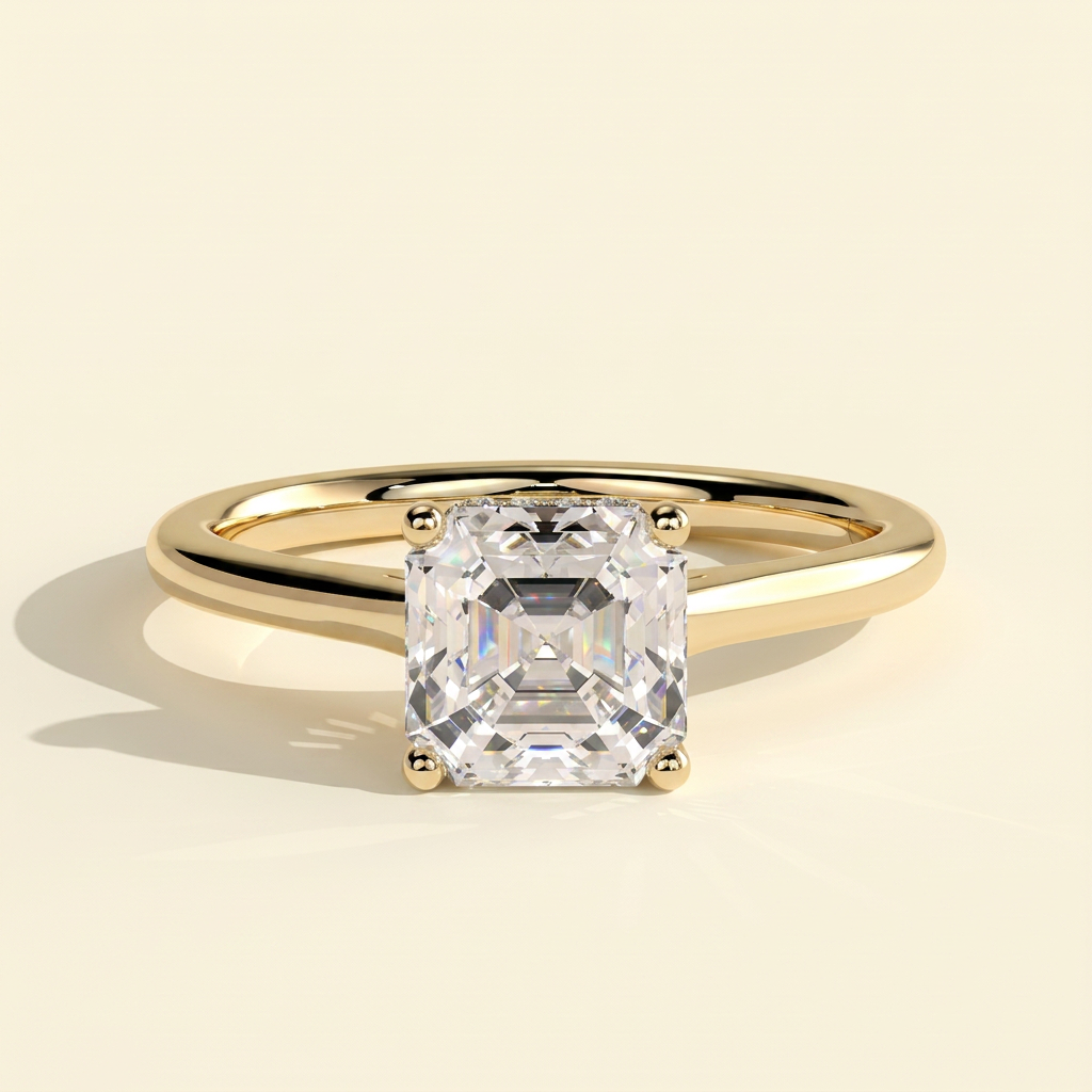 The Novalie - Asscher Cut Lab Grown Diamond Four Claw Hidden Halo Solitaire Engagement Ring
