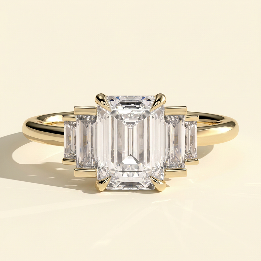 The Solene - Emerald Cut Lab Grown Diamond Solitaire with Graduating Baguette Shoulder Stones Engagement Ring - Yellow Gold