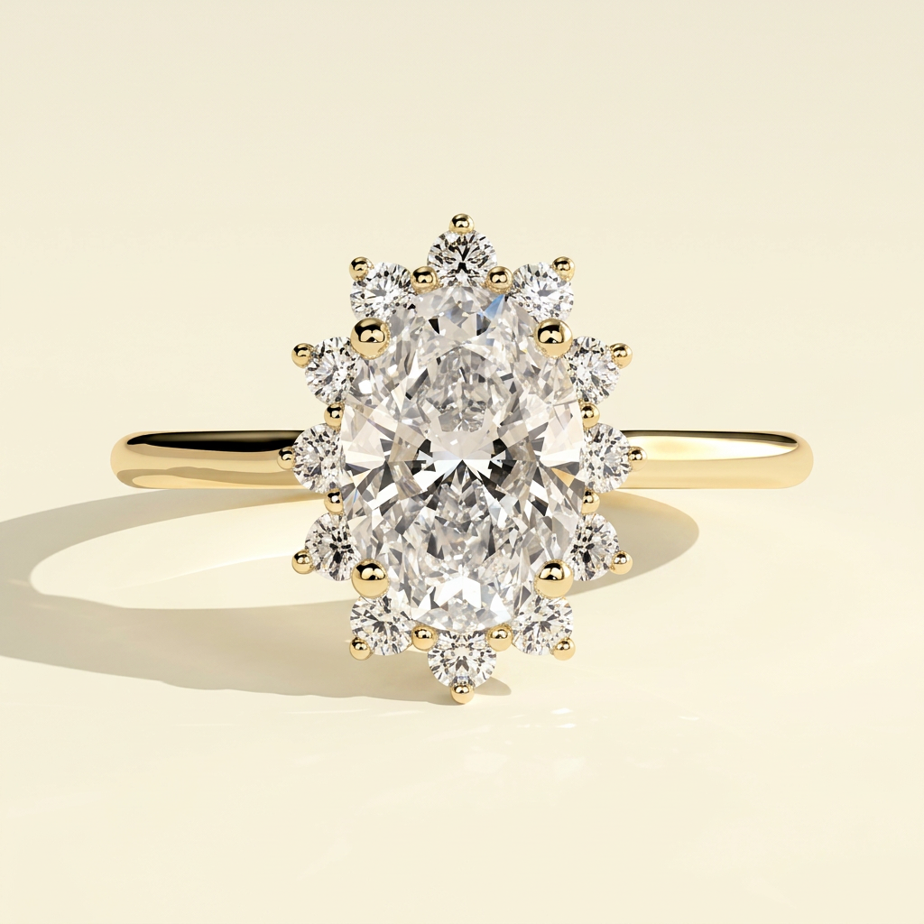 The Keila - Oval Cut Lab Grown Diamond Solitaire with Sunburst Halo Ring